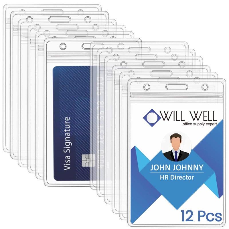 Will Well ID Badge Holders with Holes for Lanyards and Keyrings - Vertical Clear Plastic 2.6" x 3.7" Inner Size Sleeves Fit Up to 3 Cards, 0.8mm Thick Waterproof Resealable Zip Type - 12-Pack - Image 1